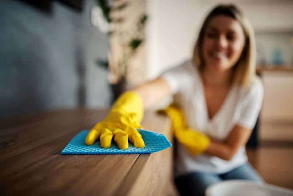 A woman spring cleaning in her apartment