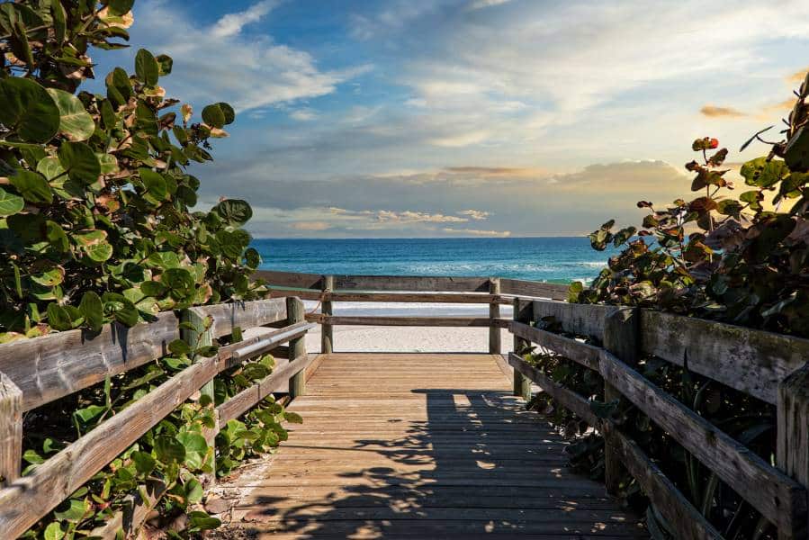 View of a beach in Melbourne, FL, on a bridge at sunrise