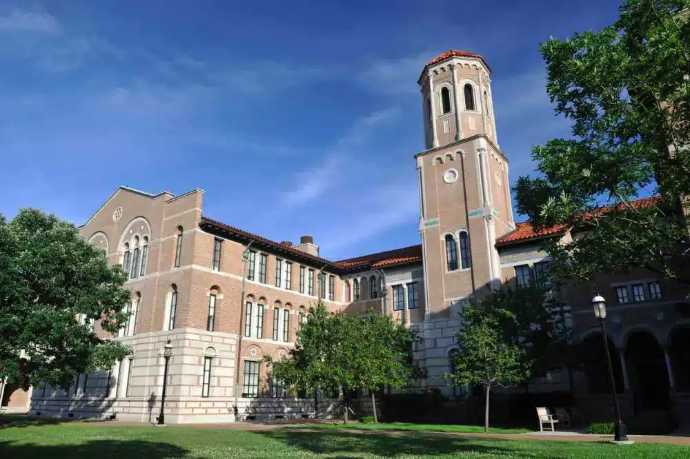 Outside photograph of Keck Hall in Rice University